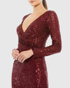 Sequined Faux Wrap Long Sleeve Column Gown - Wine