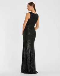 V-Neck sequin wrap waist gown - Black