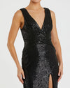 V-Neck sequin wrap waist gown - Black