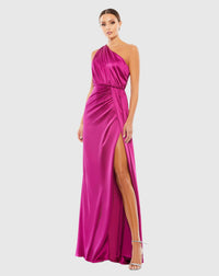 Mac Duggal Gathered One Shoulder Satin Faux Wrap Gown Bridesmaids Dress Berry #2665