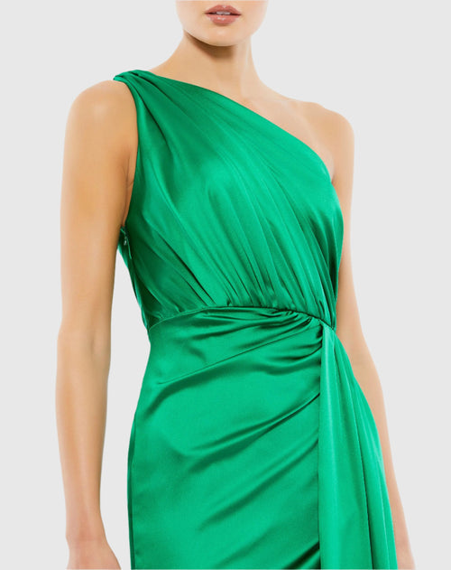 Gathered One Shoulder Satin Faux Wrap Gown - Emerald Green