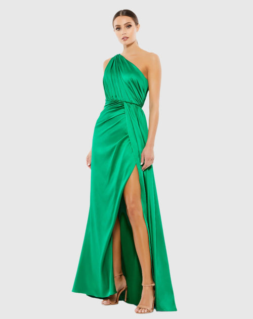 Gathered One Shoulder Satin Faux Wrap Gown - Emerald Green