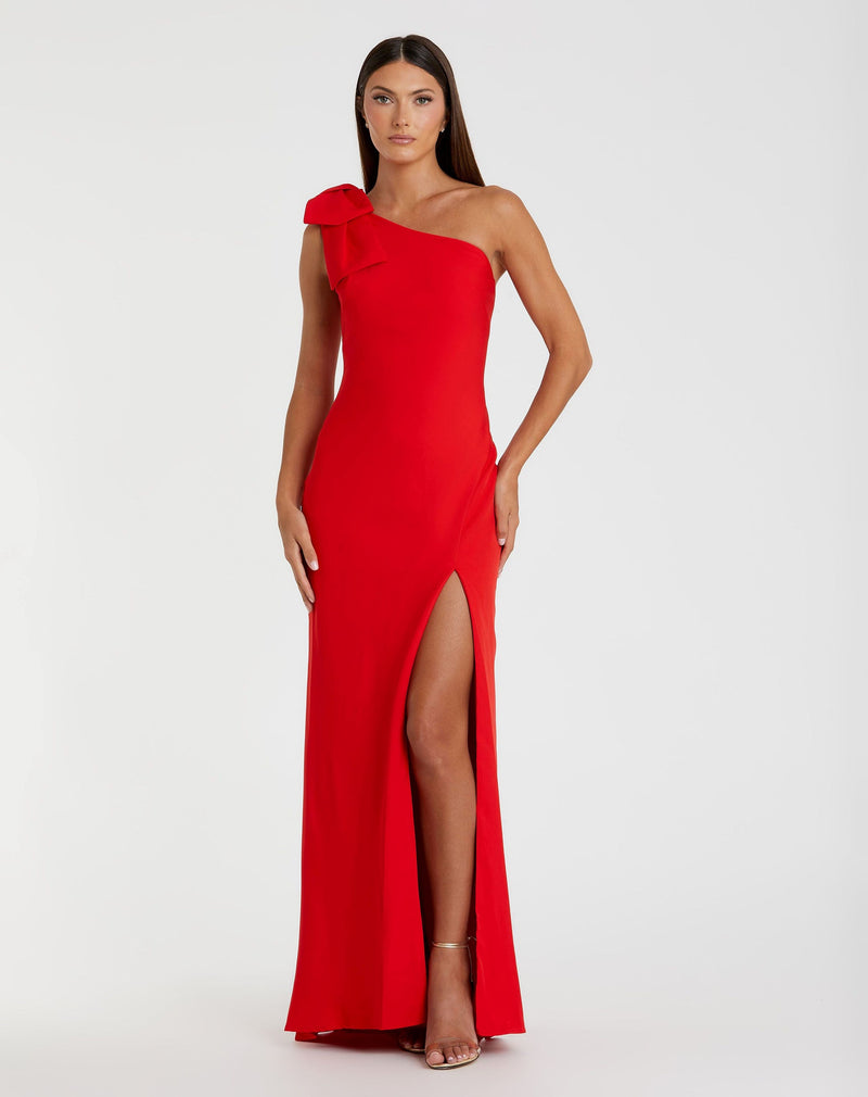 Mac Duggal Bow One Shoulder Side Slit Gown #26665 Red