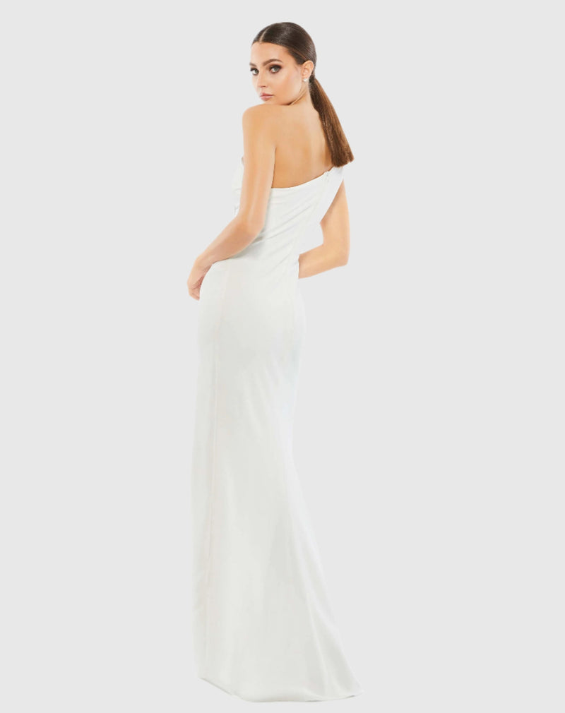 Bow One Shoulder Side Slit Gown - White