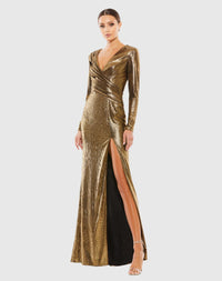 Mac Duggal Long sleeve metallic v neck gown #26684