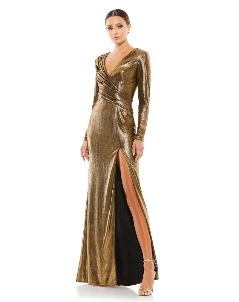 Mac Duggal Long sleeve metallic v neck gown #26684