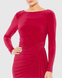 Ruched long sleeve boat neck gown - Berry