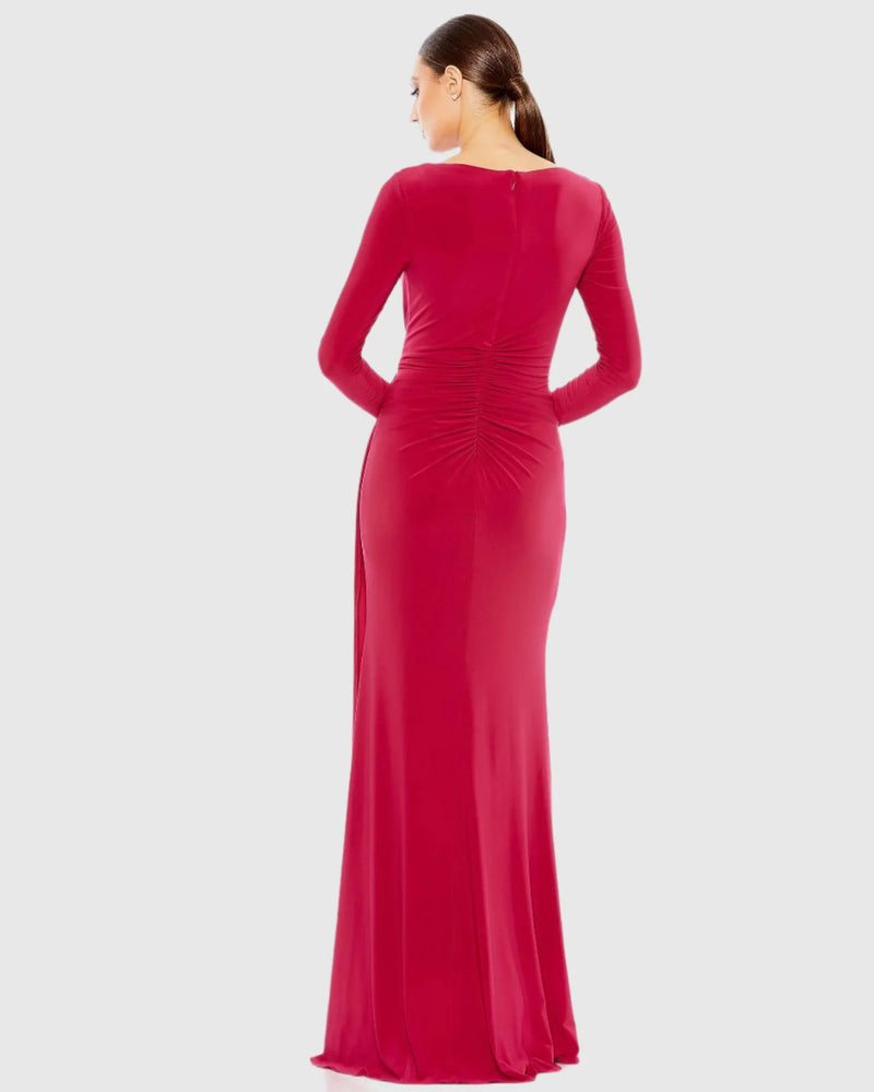 Ruched long sleeve boat neck gown - Berry