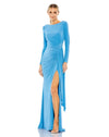 This elegant Duggal jersey, bodycon, turquoise evening dress is sophisticated in every way. With long sleeves and a floor-length skirt together with faux wrap detail at the waist and one sexy thigh high split. This gorgeous aqua gown is perfect for proms, black-tie affairs, weddings and special events!