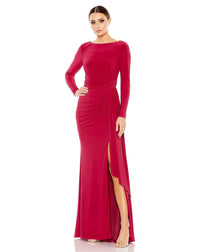 Ruched long sleeve boat neck gown - Berry