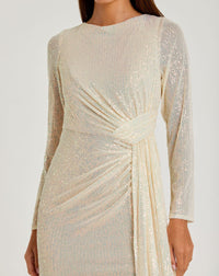 Sequin ruched long sleeve boat neck gown - Pearl