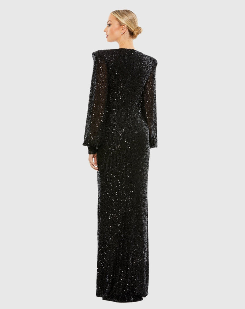 Black Sequined Plunge Neck Structured Bishop Sleeve Gown - Black