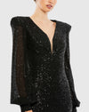 Black Sequined Plunge Neck Structured Bishop Sleeve Gown - Black