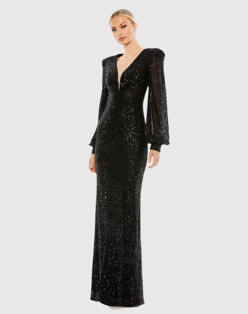 Mac Duggal Black Sequined Plunge Neck Structured Bishop Sleeve Gown #26722 Black