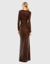 Sequined Long Sleeve Faux Wrap Ruched Gown - Chocolate