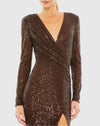 Sequined Long Sleeve Faux Wrap Ruched Gown - Chocolate