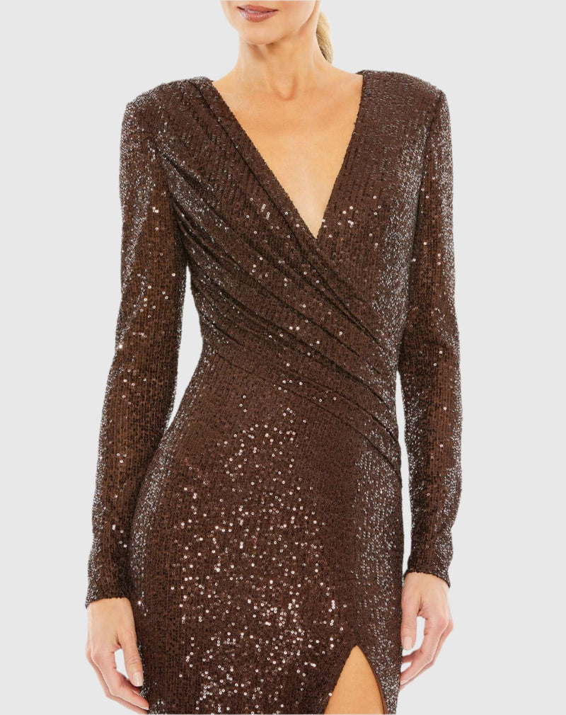 Sequined Long Sleeve Faux Wrap Ruched Gown - Chocolate