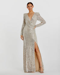 Sequined Long Sleeve Faux Wrap Ruched Gown - Chocolate