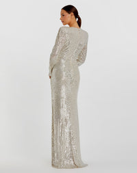 Sequined Long Sleeve Faux Wrap Ruched Gown - Chocolate