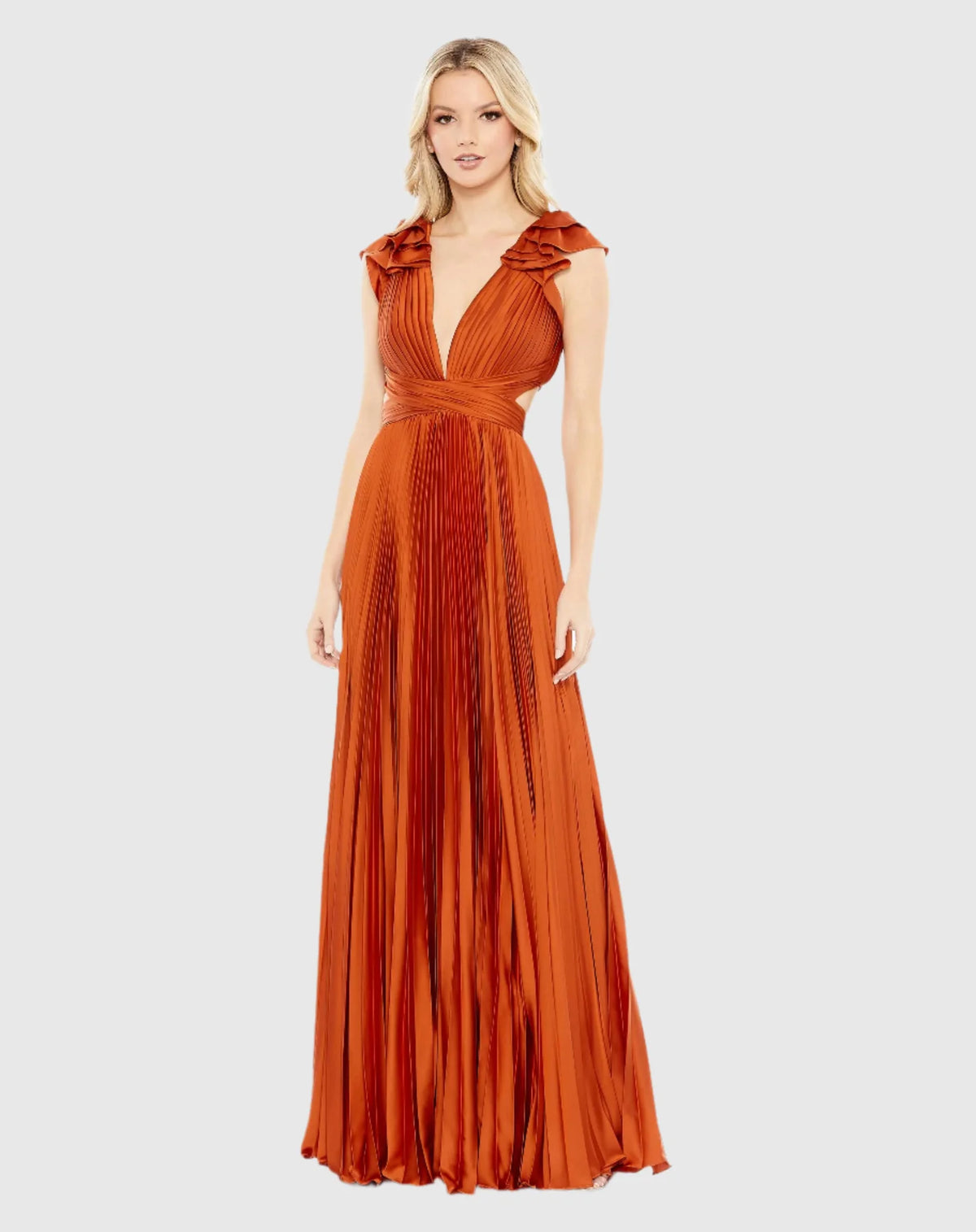 Mac Duggal, Pleated Ruffled Cut Out Gown - Burnt Orange #26729