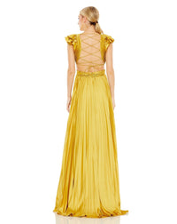 Pleated Ruffled Cut Out Gown - Chartreuse