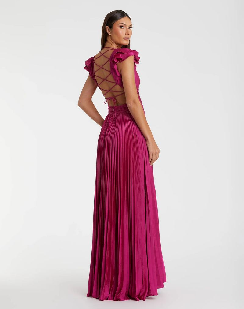 Pleated Ruffled Cut Out Gown - Fuschia Pink