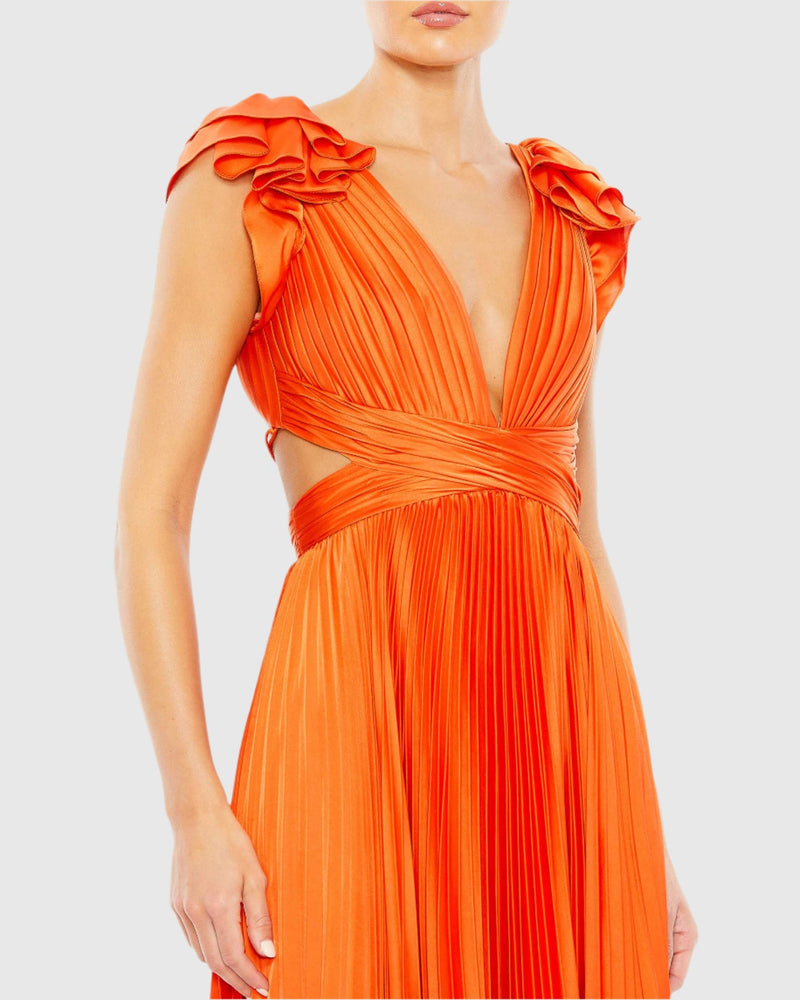 Pleated Ruffled Cut Out Gown - Sunset