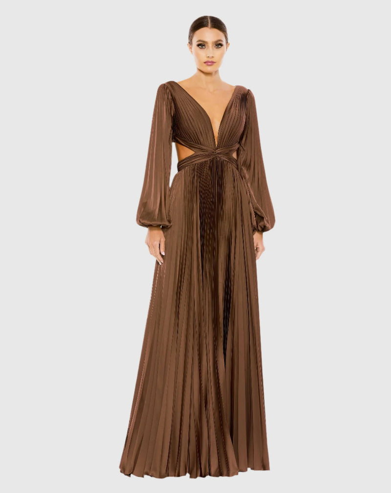 Mac Duggal, Long Sleeve Pleated Charmeuse Cut Out Gown - Espresso Brown #26737 