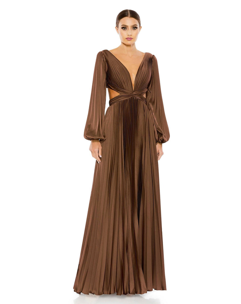 Long Sleeve Pleated Charmeuse Cut Out Gown - Espresso