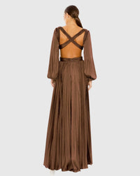 Long Sleeve Pleated Charmeuse Cut Out Gown - Espresso