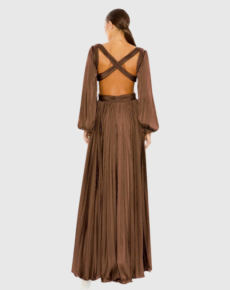 Long Sleeve Pleated Charmeuse Cut Out Gown - Espresso