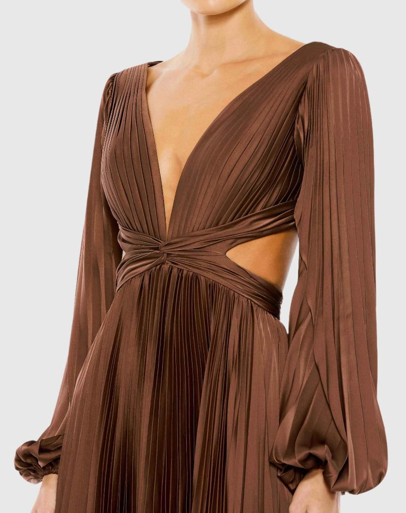 Long Sleeve Pleated Charmeuse Cut Out Gown - Espresso