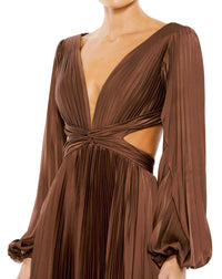 Long Sleeve Pleated Charmeuse Cut Out Gown - Espresso