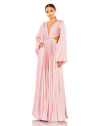 Long Sleeve Pleated Charmeuse Cut Out Gown - Pink