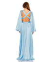 Long Sleeve Pleated Charmeuse Cut Out Gown - Powder Blue