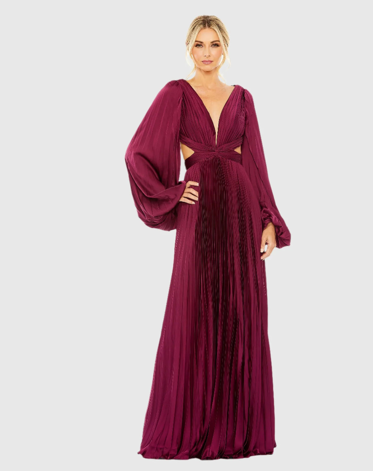 Mac Duggal, Long Sleeve Pleated Charmeuse Cut Out Gown - Wine #26737