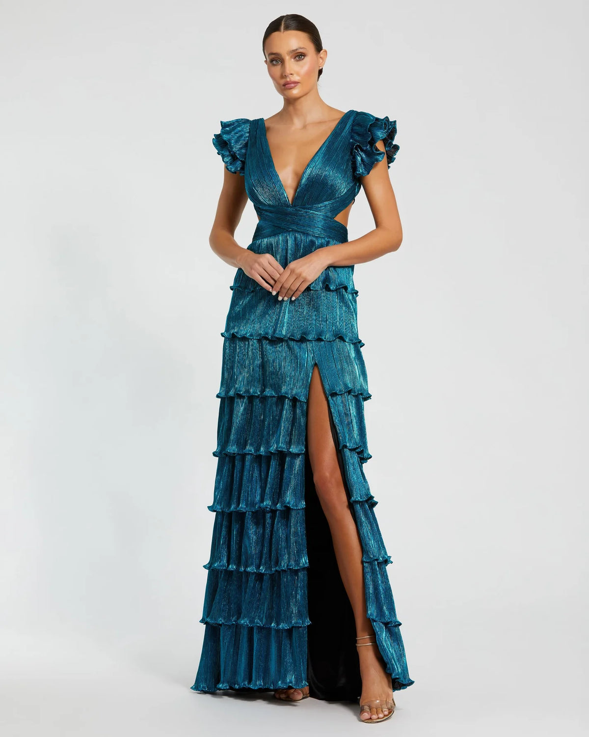 Mac Duggal, Ruffle tiered criss cross lace up gown, Blue #26740 