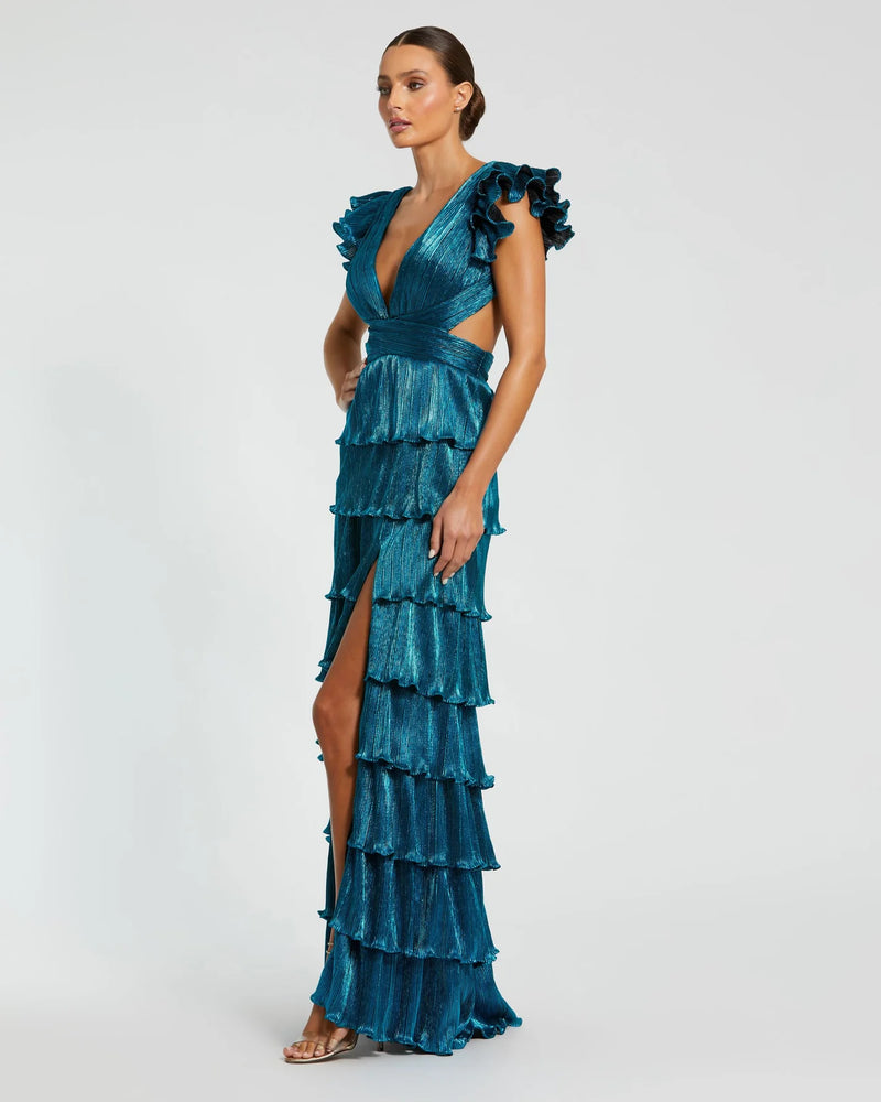 Ruffle tiered criss cross lace up gown - Blue