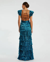 Ruffle tiered criss cross lace up gown - Blue