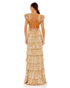 This elegant Mac Duggal, gold, long, short-sleeved, ruffled, gold, tiered dress is perfect for Summer proms and wedding guests! This dress with short ruffled sleeves and a sexy thigh-high split has sexy tie-up detail at the back which make it so very stunning! back view