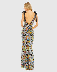 Sequin embellished floral bow detail V neck gown - Multi