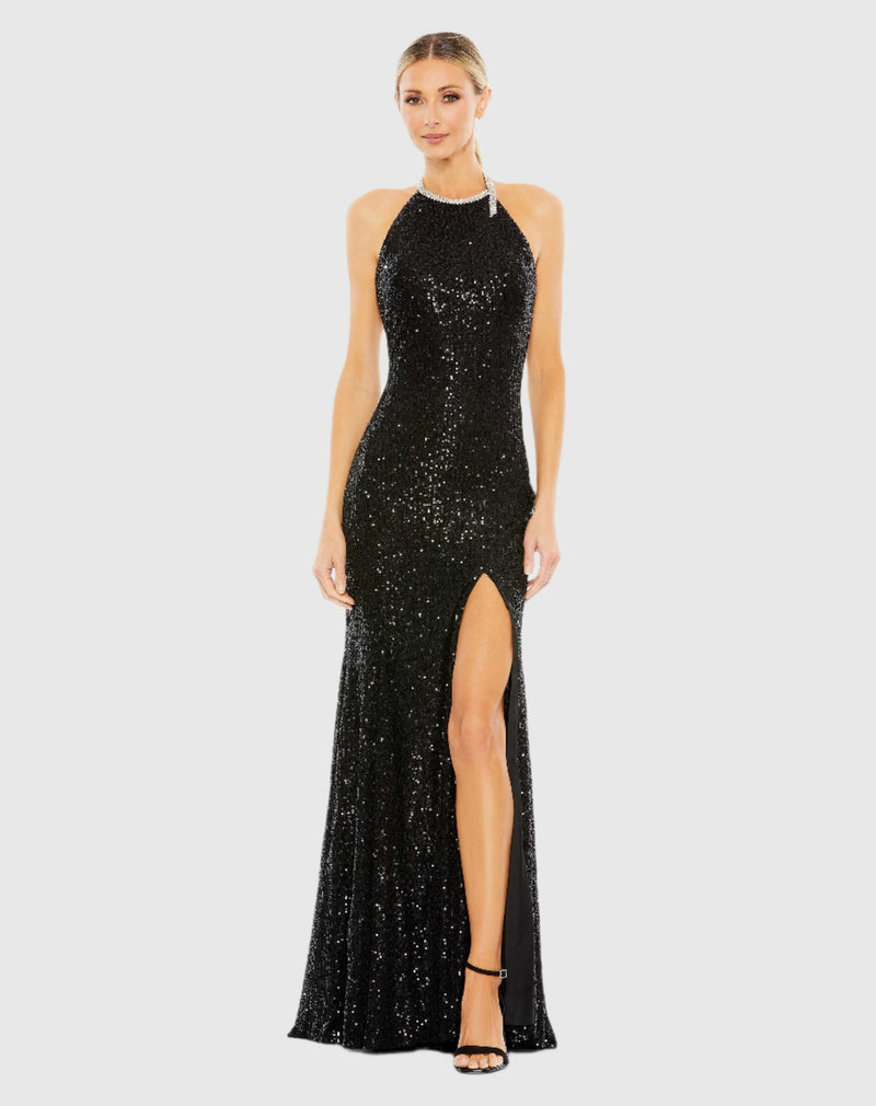 Mac Duggal, Sequin high-neck rhinestone trim column long gown, Black #26943 