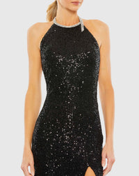 Sequin high-neck rhinestone trim column gown - Black