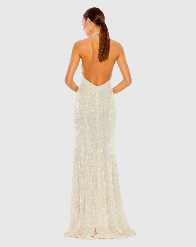 Sequin high-neck rhinestone trim column gown - White