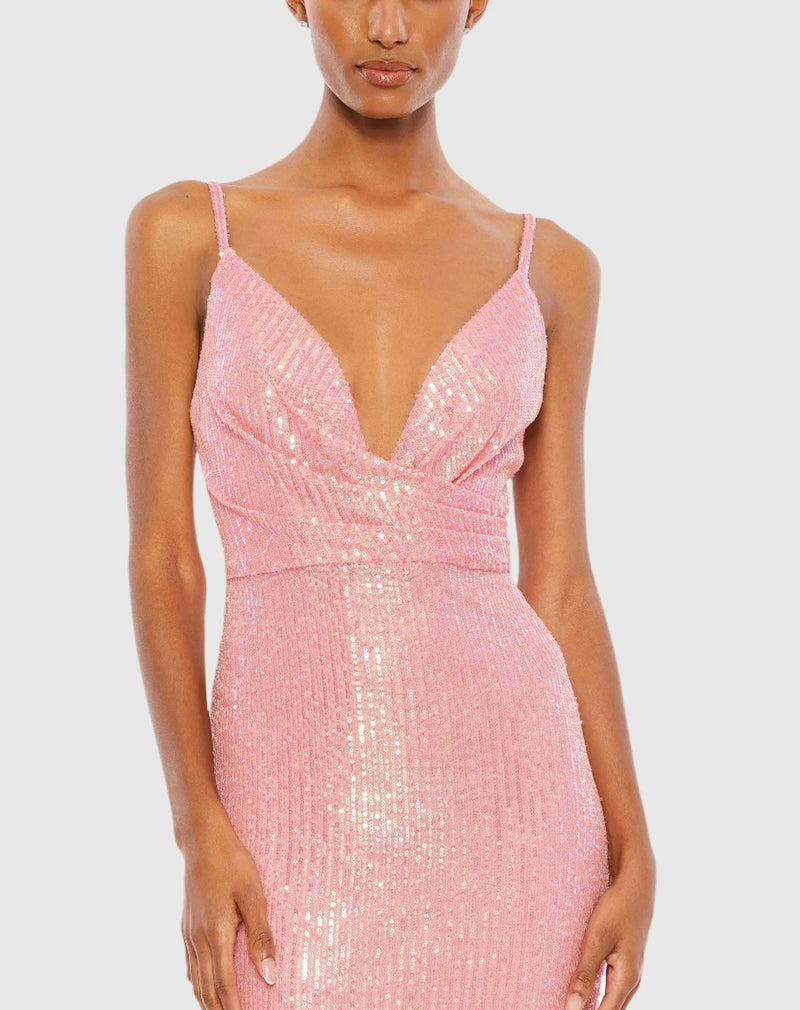 Sequin draped v neck gown - Pink