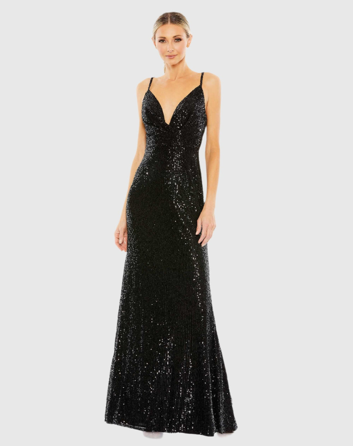 Mac Duggal, Sequin draped V neck long evening gown, Black #26945 