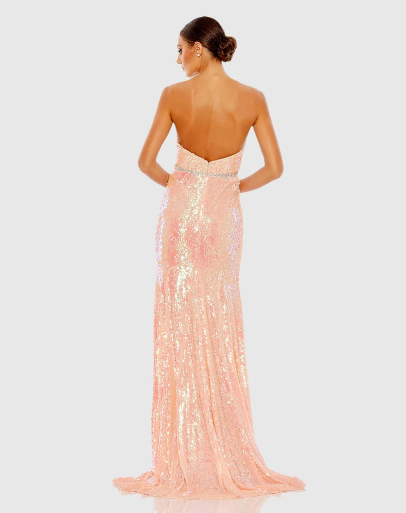 Sequin strapless rhinestone belt gown - Coral