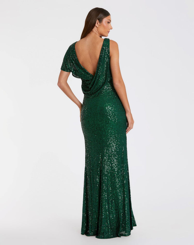 Sequin asymmetrical draped trumpet gown - Emerald Sequin