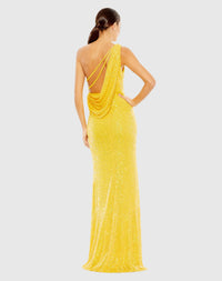 Yellow Sequined One Shoulder Draped Back Gown - Lemon Yellow