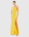 Mac Duggal, Yellow Sequined One Shoulder Draped Back Gown #26990 Lemon Yellow